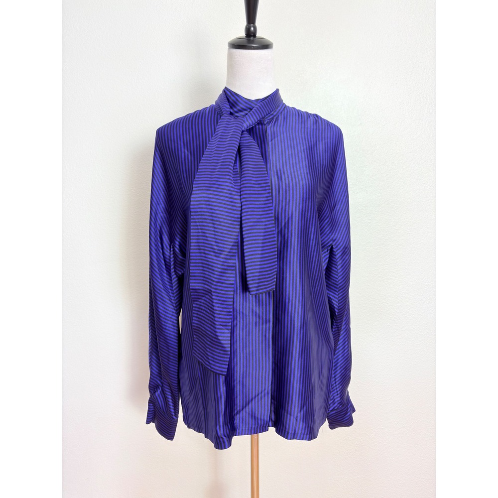 Y2K Vintage 100% Silk Purple & Back Striped Button Up Shirt & Neck Scarf Size 12